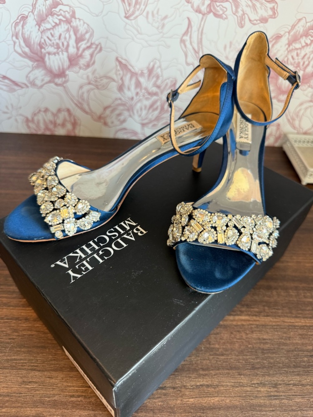 Badgley Mischka Royal Blue Satin Crystal-Embellished Open-Toe Heels